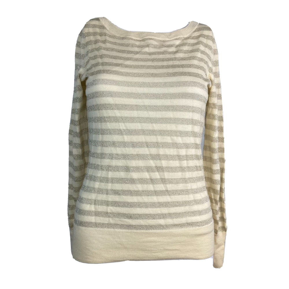Talbots Petites Sweater Womens Sz SP‎ Beige Merino Wool Metallic Striped